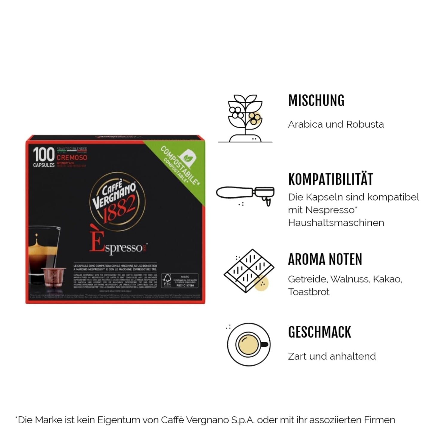 Caffè Vergnano 1882 - Kaffeekapseln kompostowalna Èspresso, kompatybilna z Nespresso, Cremoso (kremowa) - Packung Enthält 100 Kapseln