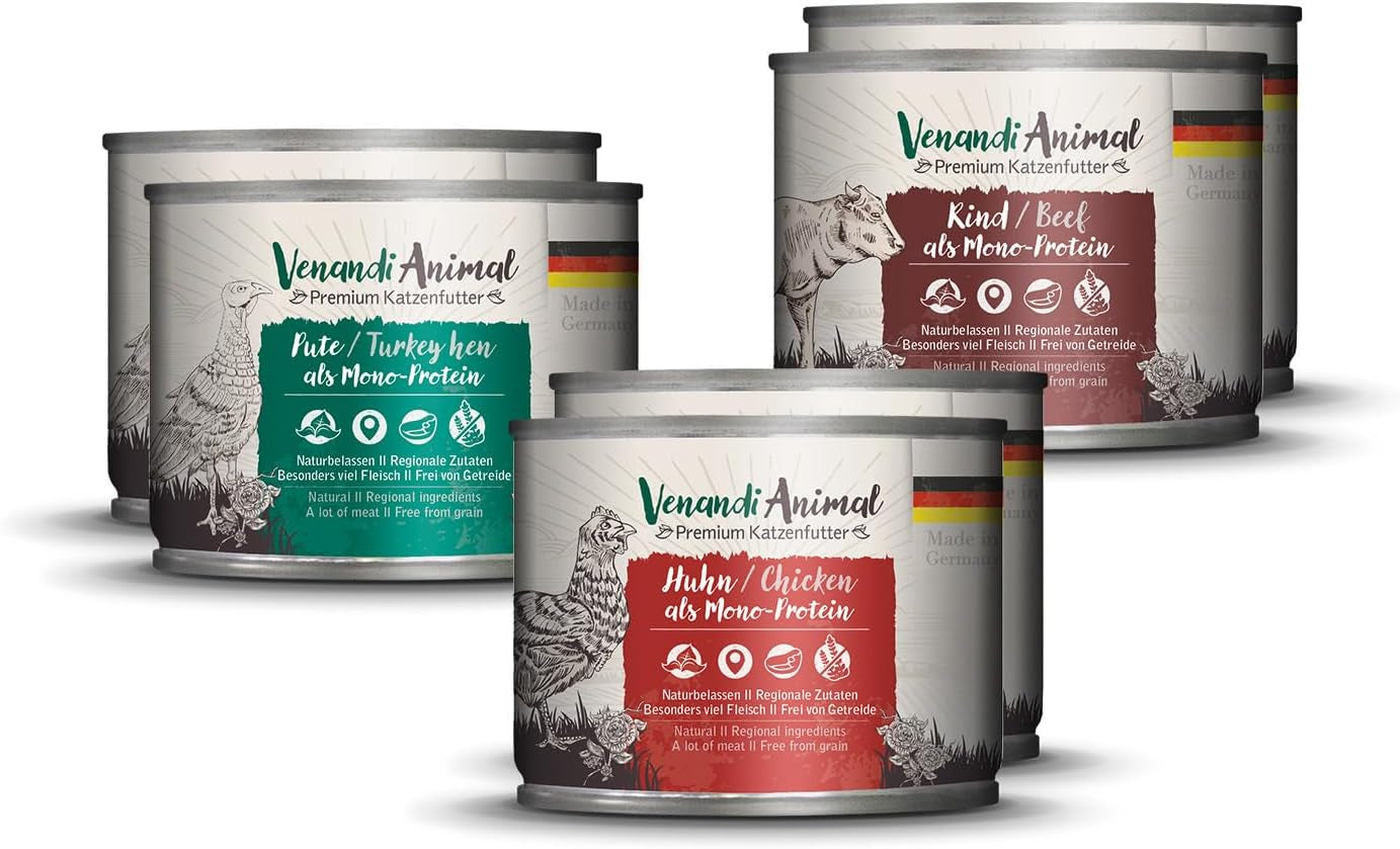 Venandi Animal - Premium Nassfutter für Katzen, Probierpakett I, Kurczak, Pute, RInd, 6 x 200 g (6er Pack), getreidefrei und naturbelassen