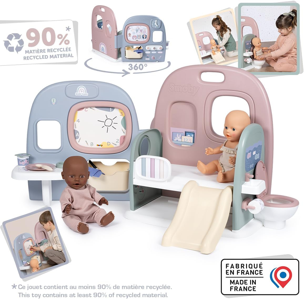 Smoby - Opieka nad dziećmi Przedszkole dla lalek - Centrum zabaw dla lalek Żłobek + przedszkole Życie codzienne - Składany plac zabaw obracany o 360° - 6 akcesoriów - Wykonane w 90% z materiałów pochodzących z recyklingu we Francji, od 3 lat