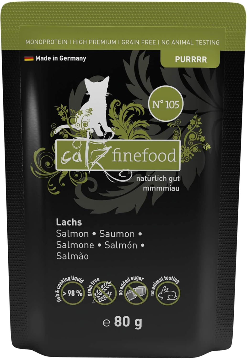 Mokra karma dla kotów Catz Finefood Purrrr z monoproteiną i łososiem nr 1 105, dla kotów z wrażliwym układem trawiennym, 16 x 80 g