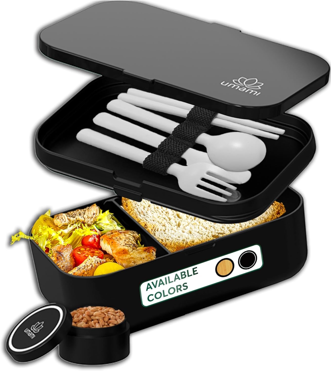 Pudełko na drugie śniadanie Umami dla dorosłych, Pudełko bento do układania w stosy z 4 sztućcami i przegródkami, Pudełko na drugie śniadanie dla dorosłych, Pojemnik na sałatkę na wynos, Pudełko na drugie śniadanie na piknik / do biura, Charcoal Grey, 1500 ml Pudełka do przechowywania żywności Naty Shop Full Black M - 900/1000 ml