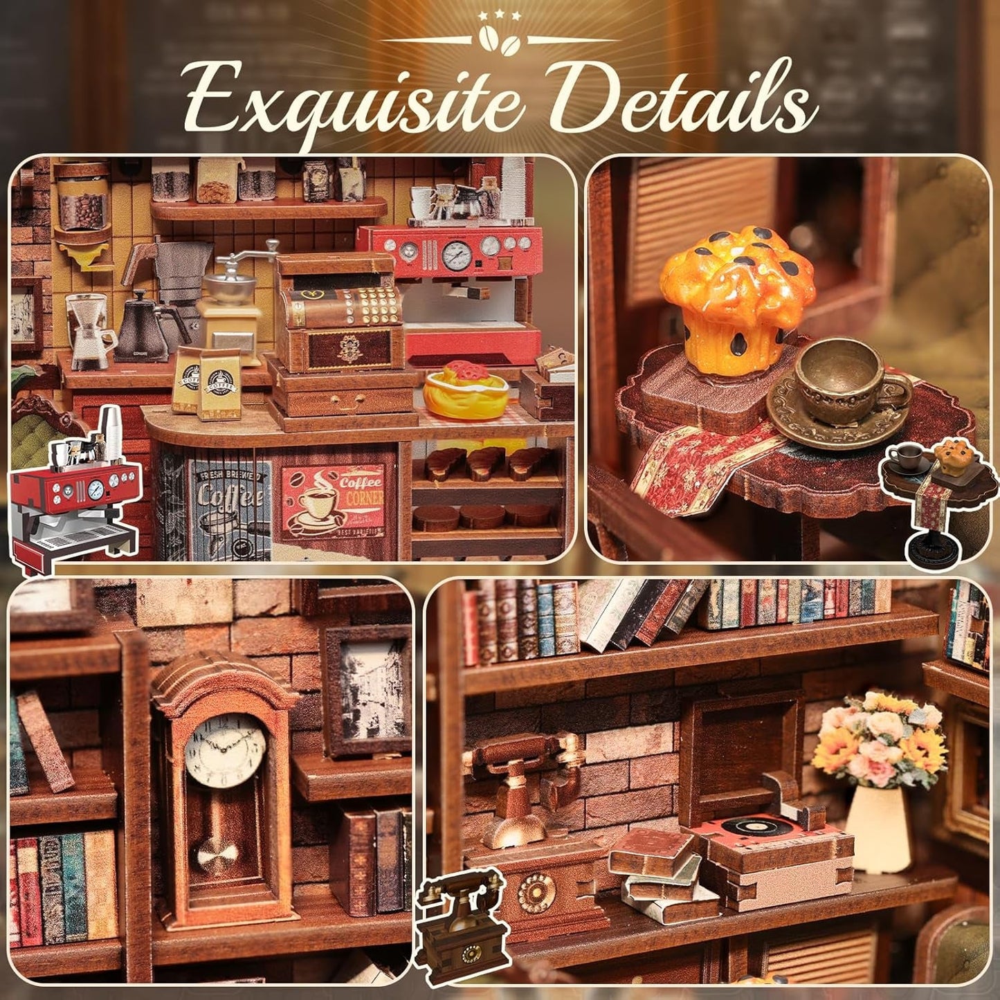 Zestaw narożny z książką CUTEBEE - domki dla lalek DIY, zestaw do budowania miniaturowego domu z oświetleniem LED dla dorosłych, drewniane puzzle 3D i stojak na książki - dekoracja półki na książki i prezent (kawiarnia narożna)
