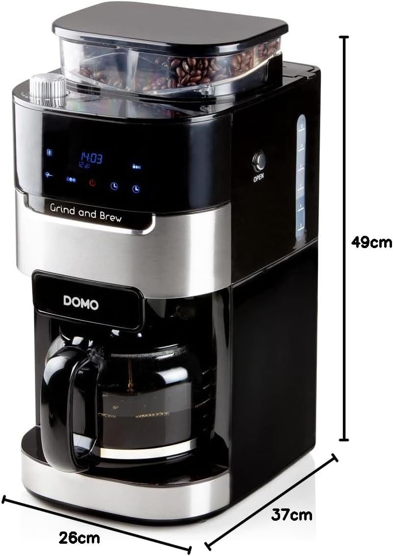 Ekspres DOMO DO721K „Grind and Brew” - Funkcja od ziarna do filiżanki - Wyświetlacz LCD - Do kawy mielonej lub całych ziaren - 1,5 L
