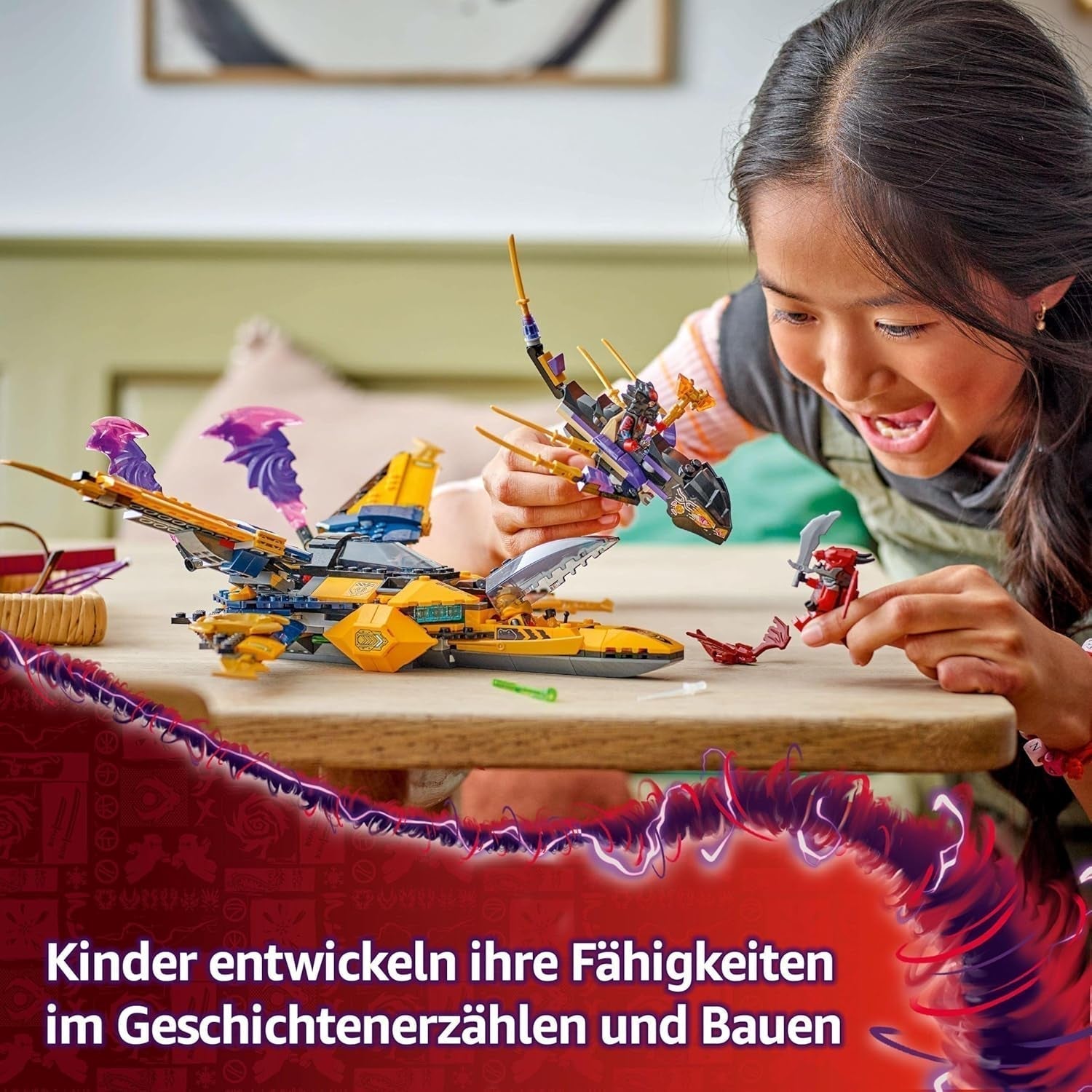Samolot Super Storm LEGO NINJAGO Rasa i Arina — zabawka z dronem, miotaczami, ostrzami i silnikami — w zestawie. Trzy minifigurki Ninja do odgrywania ról — zestaw do budowania dla chłopców i dziewcząt od 8 lat 71833 Zestawy do budowania Besuche den LEGO-Store