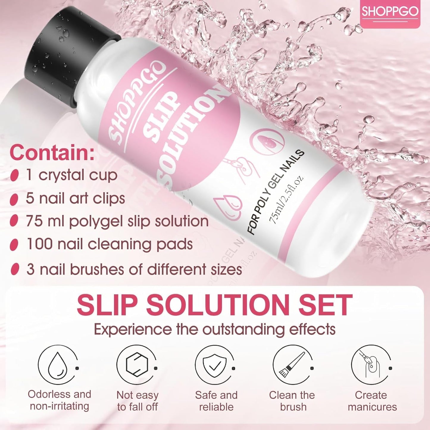 Roztwór do prostowania Polygel, zestaw do paznokci Polygel Slip Solution, roztwór do prostowania 75 ml, zawiera 5 klipsów na końcówki paznokci, 3 szczoteczki do paznokci, 1 kryształowy kubek, 100 arkuszy czyszczących
