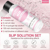 Roztwór do prostowania Polygel, zestaw do paznokci Polygel Slip Solution, roztwór do prostowania 75 ml, zawiera 5 klipsów na końcówki paznokci, 3 szczoteczki do paznokci, 1 kryształowy kubek, 100 arkuszy czyszczących