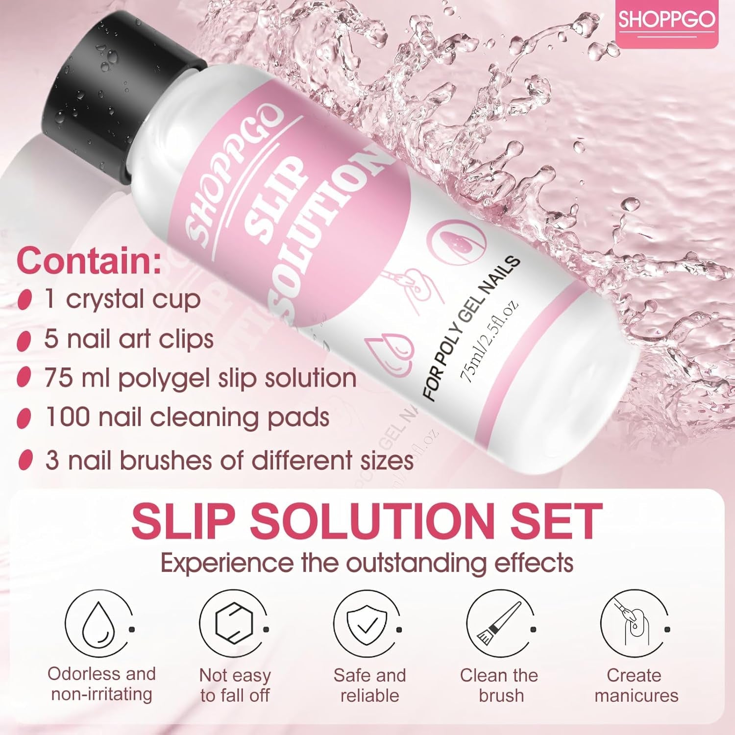 Roztwór do prostowania Polygel, zestaw do paznokci Polygel Slip Solution, roztwór do prostowania 75 ml, zawiera 5 klipsów na końcówki paznokci, 3 szczoteczki do paznokci, 1 kryształowy kubek, 100 arkuszy czyszczących
