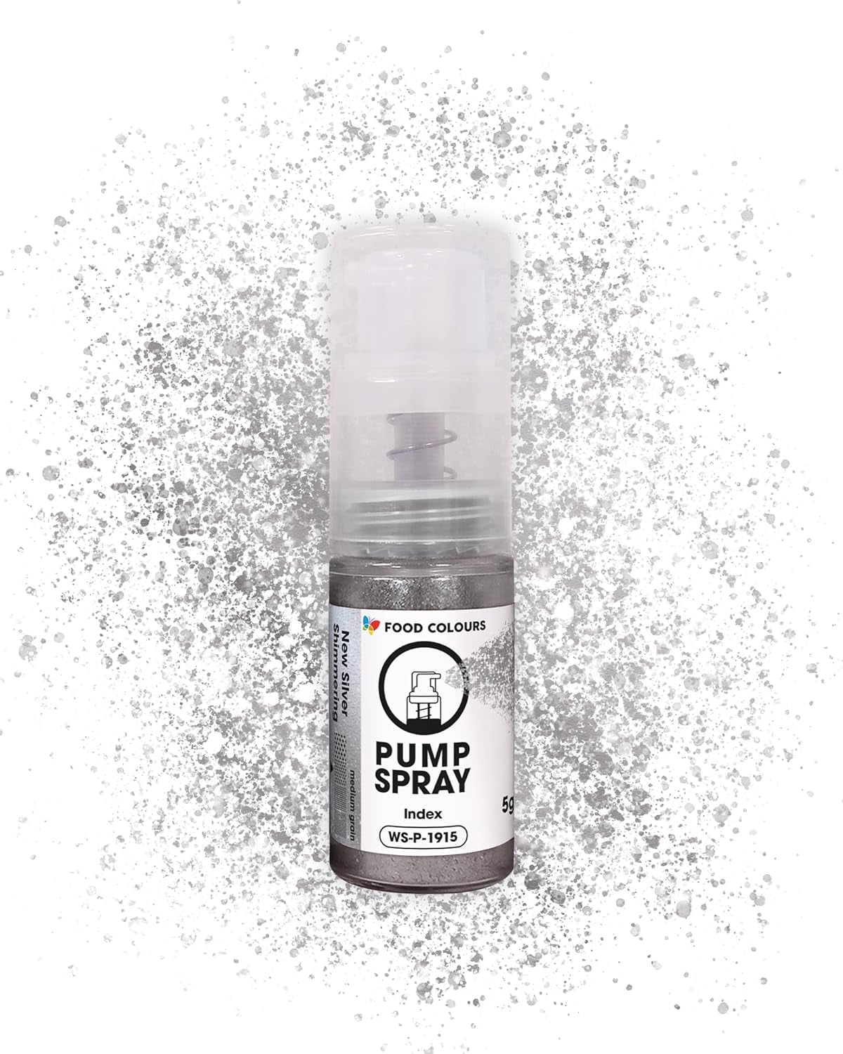 Jadalny brokatowy spray spożywczy NOWOŚĆ SILVER SHIMMERING 5G pompka z proszkiem metalicznym do szybkiego i efektownego dekorowania ciast, kremów, galaretek, pralin, dekoracji czekoladowych i cukrowych