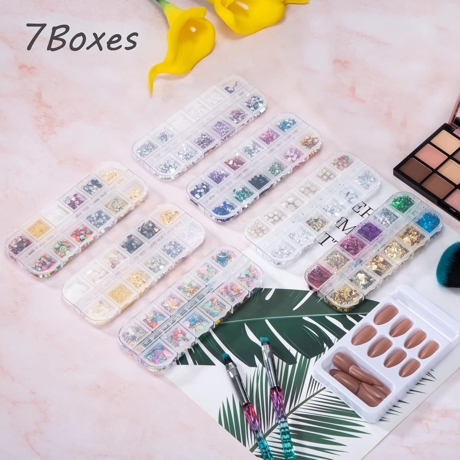 7 Boxen Strasssteine ​​​​Nägel, zestaw do zdobienia paznokci Strass Nagelglitzer Paillettes Nagel-Edelsteinen Kristalle Perlen Diamanten Metall Nieten Für DIY Dekoration Nageldesign (wielokolorowy)