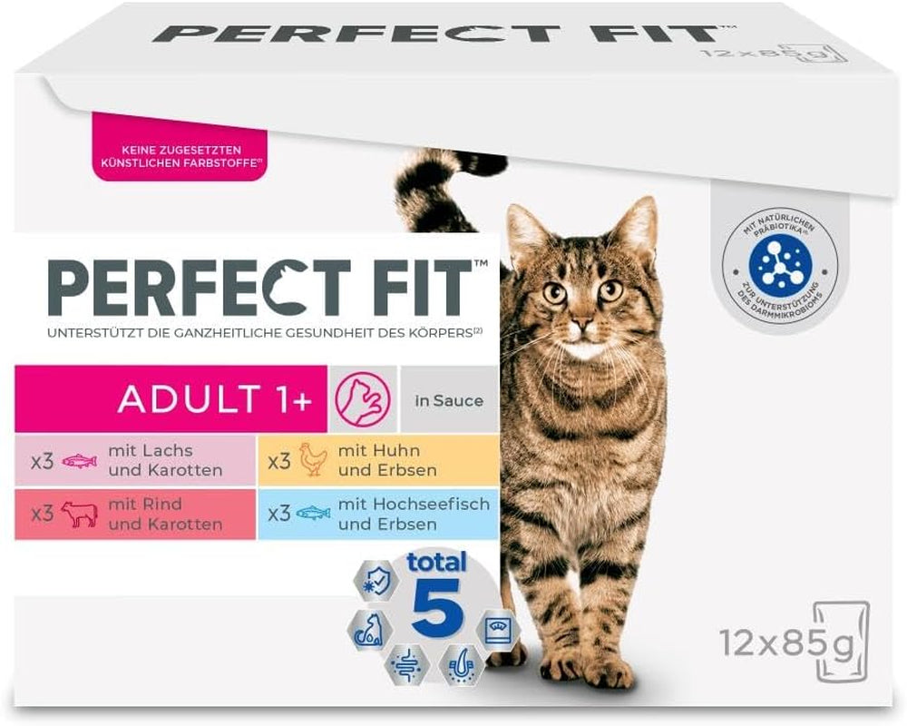 Perfect Fit Adult 1+ wybór mokrej karmy z łososiem, rybami głębinowymi, wołowiną i kurczakiem, 48 saszetek, 12x85g (4 sztuki w opakowaniu) - Mokra karma premium dla dorosłych kotów od 1 roku życia