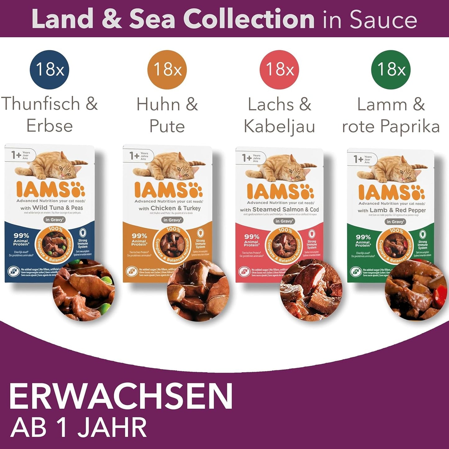 IAMS Delights Land & Sea Collection Mokra karma dla kotów - asortyment mięs i ryb Opakowanie zbiorcze w sosie, mokra karma dla kotów od 1. roku życia, 72 x 85g