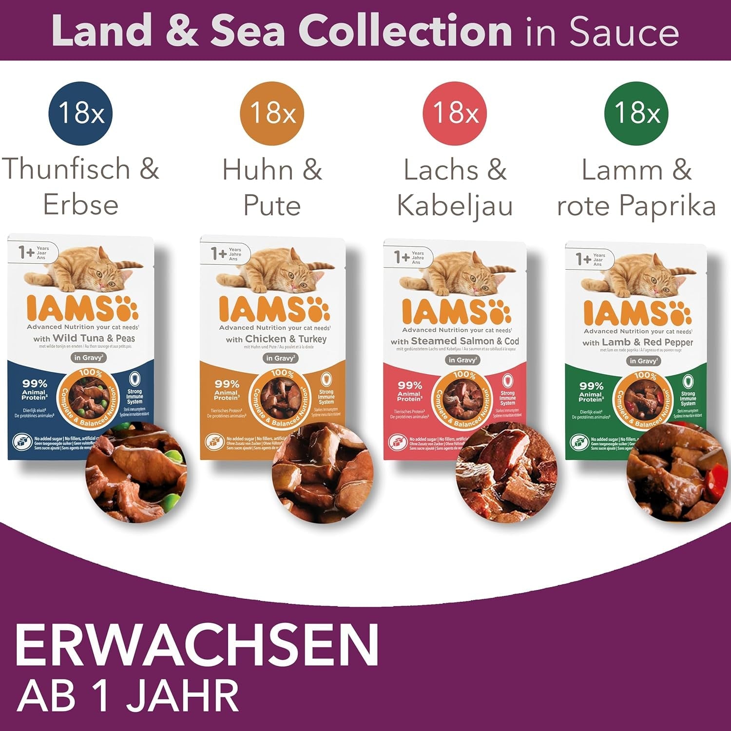 IAMS Delights Land & Sea Collection Mokra karma dla kotów - asortyment mięs i ryb Opakowanie zbiorcze w sosie, mokra karma dla kotów od 1. roku życia, 72 x 85g