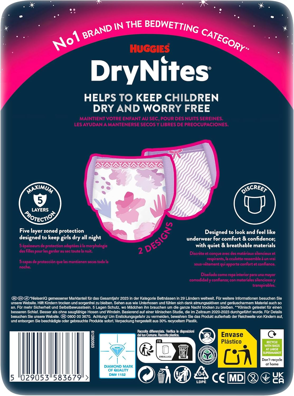 Huggies DryNites Pieluchy na noc dla dziewczynek 13–około 17 lat (48–60 kg) 27 sztuk (3x9) Paczka miesięczna Pieluszki majtkowe
