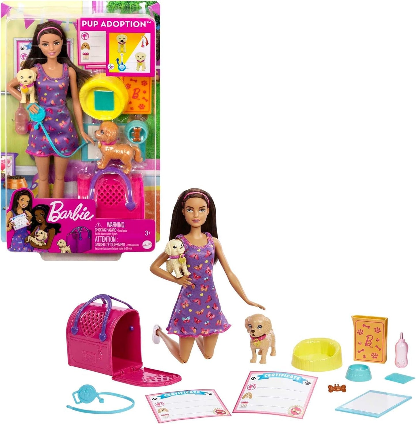 Adopcja Barbie Puppy - lalka i 2 szczenięta, z certyfikatami adopcyjnymi, efektem zmiany koloru, klatką i akcesoriami, dla dzieci w wieku od 3 lat, 86 HKD