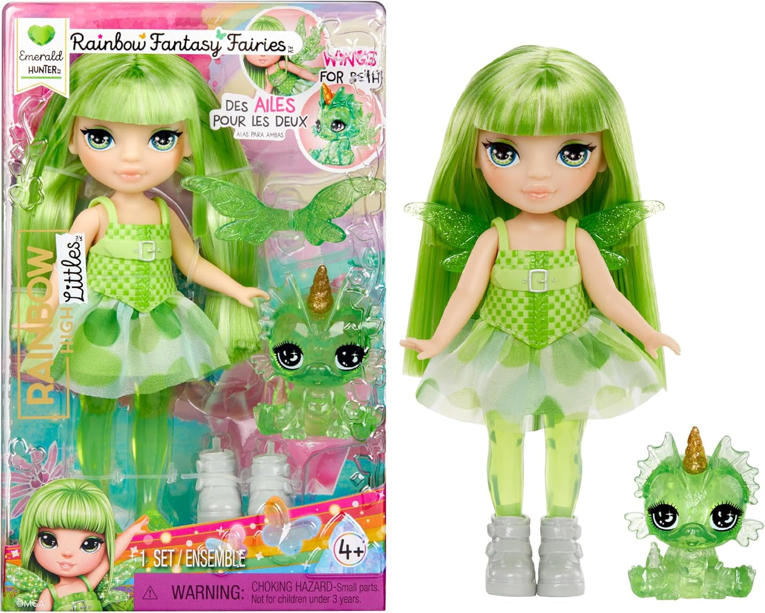 Rainbow High Littles Rainbow Fantasy Fairy and Pet - szmaragdowy, zielony - 14 cm przegubowa mała lalka fantasy smok z wymiennymi skrzydłami wróżki, słodki prezent dla dzieci w wieku 4 lat i starszych