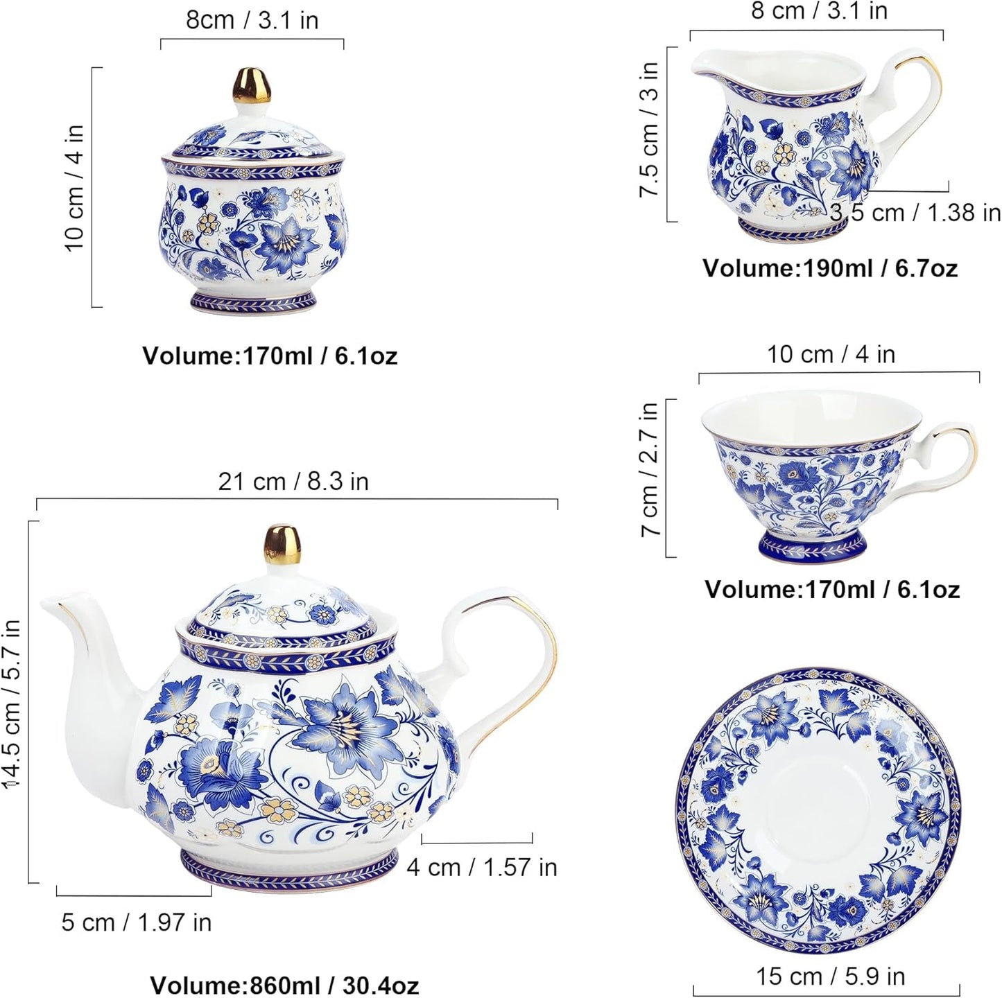Fanquare Porcelanowy zestaw do herbaty w kształcie niebieskiego kwiatu z metalowym stojakiem Vintage porcelanowa filiżanka do kawy ze spodkiem Angielski zestaw do kawy dla dorosłych