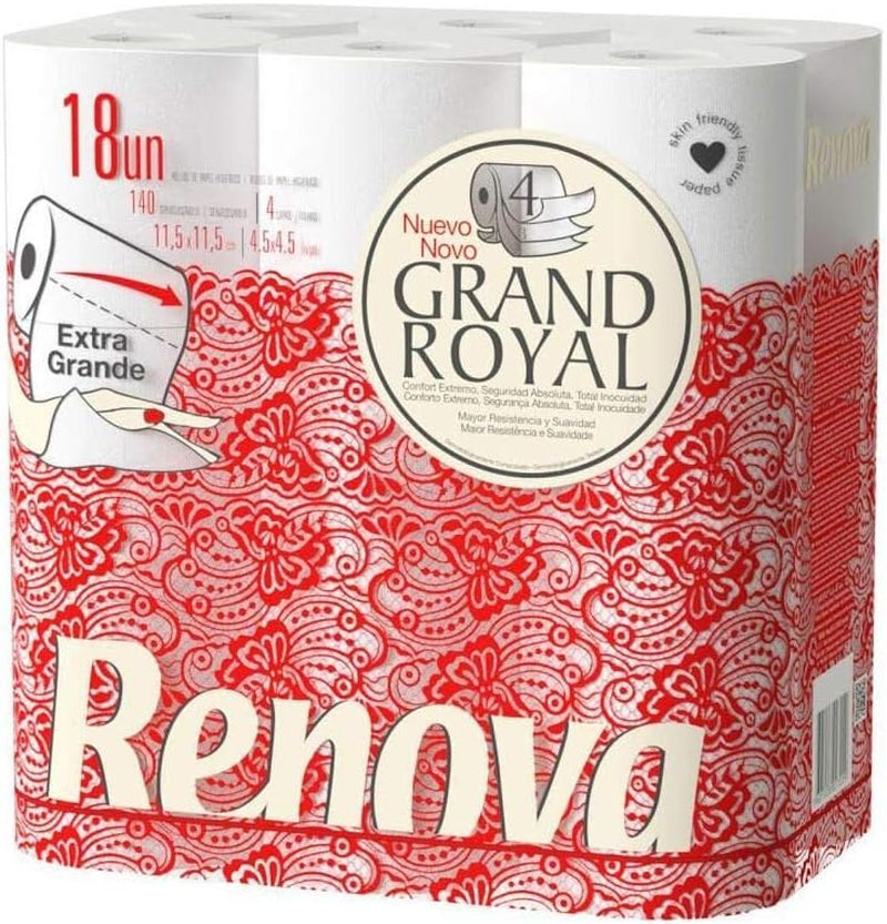 Papier toaletowy Renova Grand Royal, 18 rolek Premium XXL, 4 warstwy, miękki i trwały