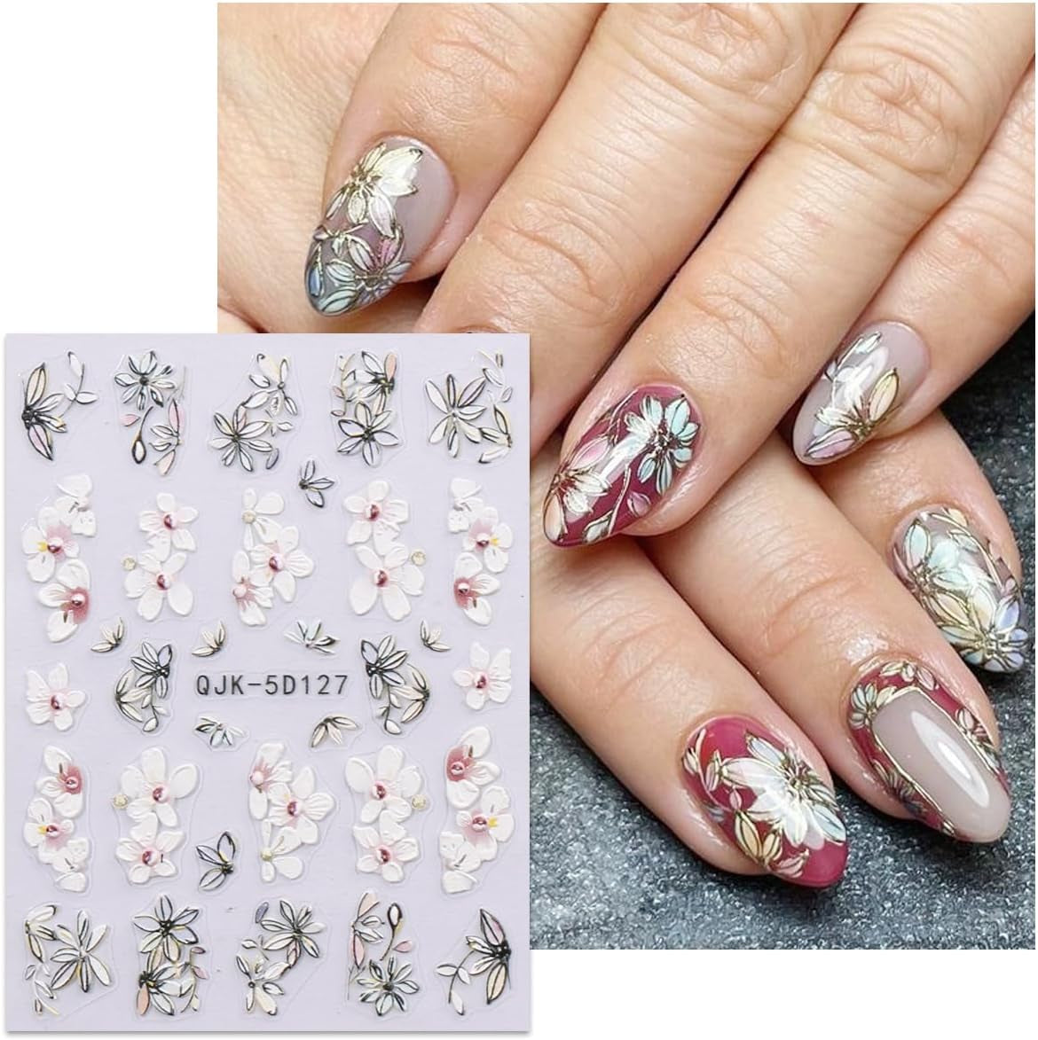 JMEOWIO 3D Nagelsticker Blumen Nail Art Naklejka Selbstklebend Nagelaufkleber 5D Stereoskopisch Frühling Sommer Dekoration Nageldesign Zubehör 4 Blatt