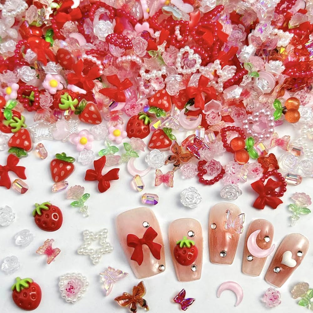 100 sztuk 3D Charms do paznokci Rosa Rot Kirsche Erdbeere Blume Nagel Charms Kamelie Rose Schmetterling Nail Art Charms Flatback Herz Schleife Charms Nägel Zubehör Mond Stern Nagelschmuck Nageldesign Anhänger