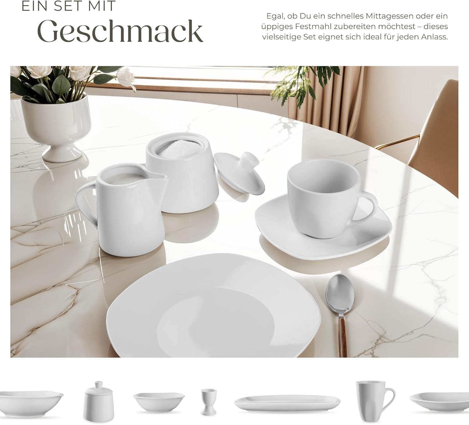 tectake® Zestaw naczyń obiadowych na 12 osób, 100-częściowy zestaw naczyń porcelanowych, w tym 12 talerzy, 12 talerzy deserowych, 12 talerzy obiadowych, 12 filiżanek, 12 misek na płatki zbożowe, salaterka, dzbanek na mleko, cukiernica