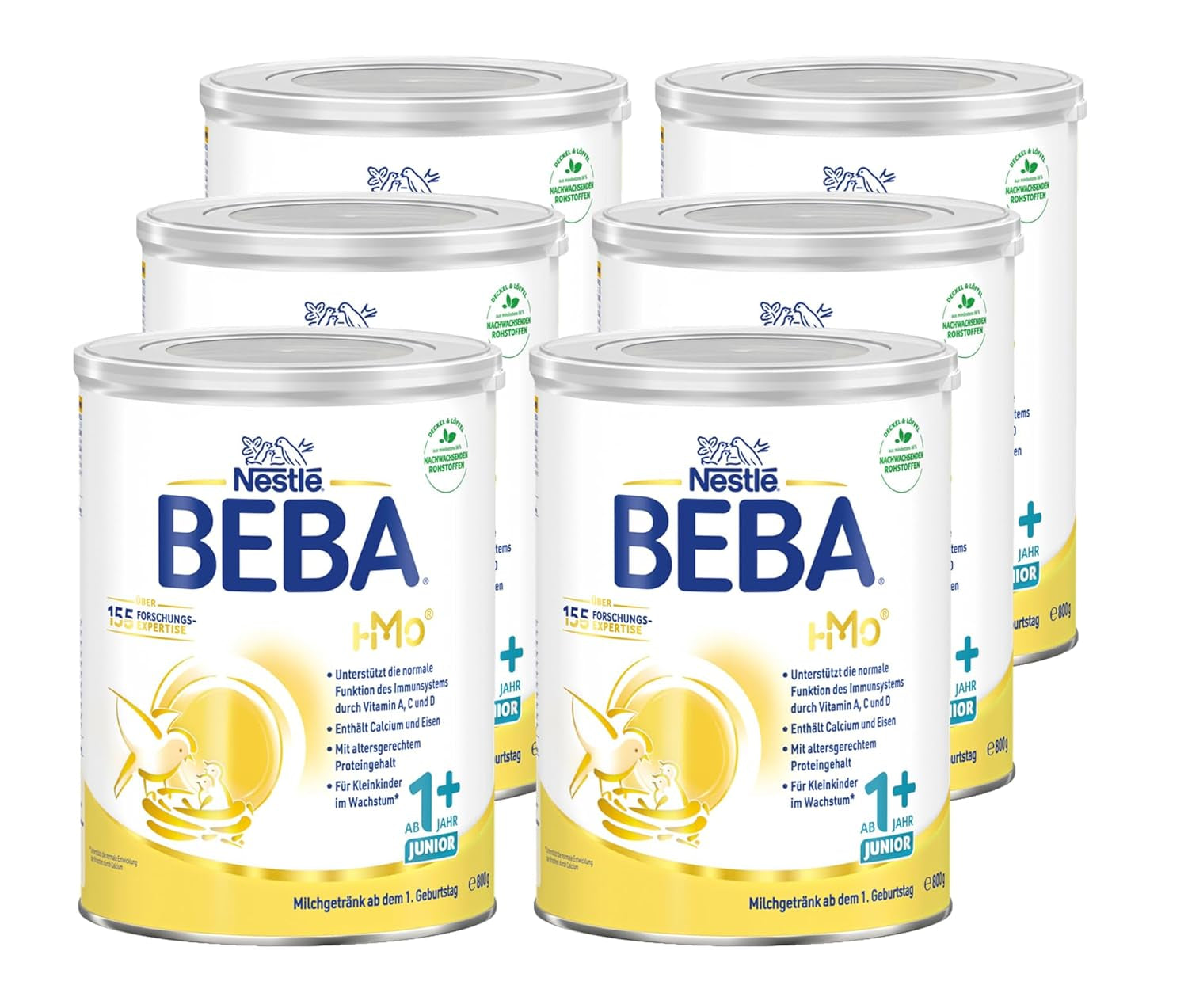 BEBA Junior 1+ napój mleczny od 1. roku życia, z HMO, zawartość białka dostosowana do wieku, tylko laktoza, bez oleju palmowego, bez oleju rybnego, pokarm dla małych dzieci, mleko w proszku dla dzieci, opakowanie 6 szt. (6 x 800 g)