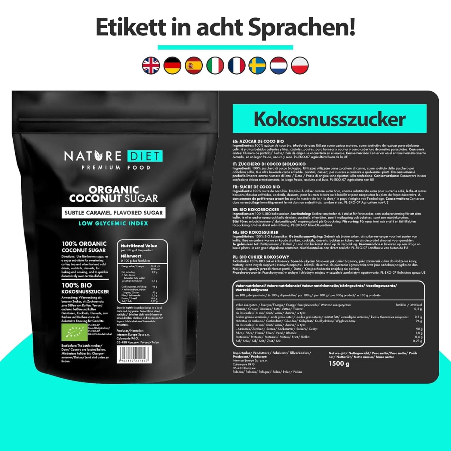 Organiczny cukier kokosowy o smaku karmelowym, 1,5 Kg Słodziki Naty Shop
