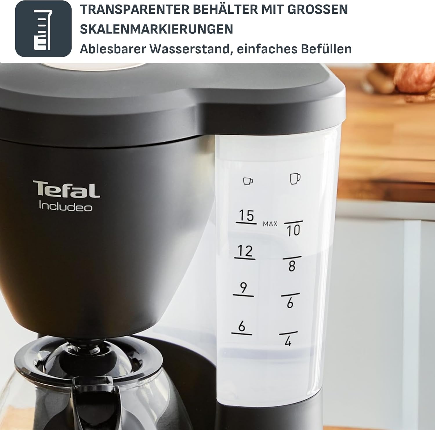 Ekspres do kawy Tefal Includeo z filtrem, Ekspres do kawy Niezwykle łatwy w obsłudze, Odpowiedni dla osób prawo- i leworęcznych, Automatyczne otwieranie pokrywy, 1,25 l, 10 do 15 filiżanek, CM533811