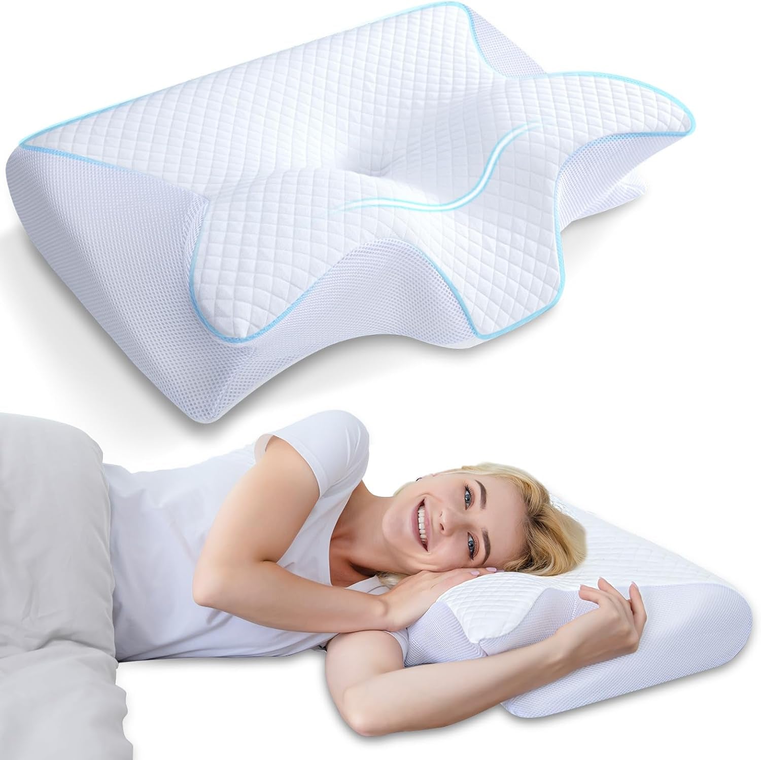 HOMCA Poduszka pod szyję Poduszka ortopedyczna 2 w 1 Poduszka z pianki memory Poduszka podtrzymująca szyję Ergonomiczna poduszka pod głowę na ból pleców, boków i brzucha, 60 x 13/11 x 40 cm Poduszki ortopedyczne szyjki macicy Naty Shop biały