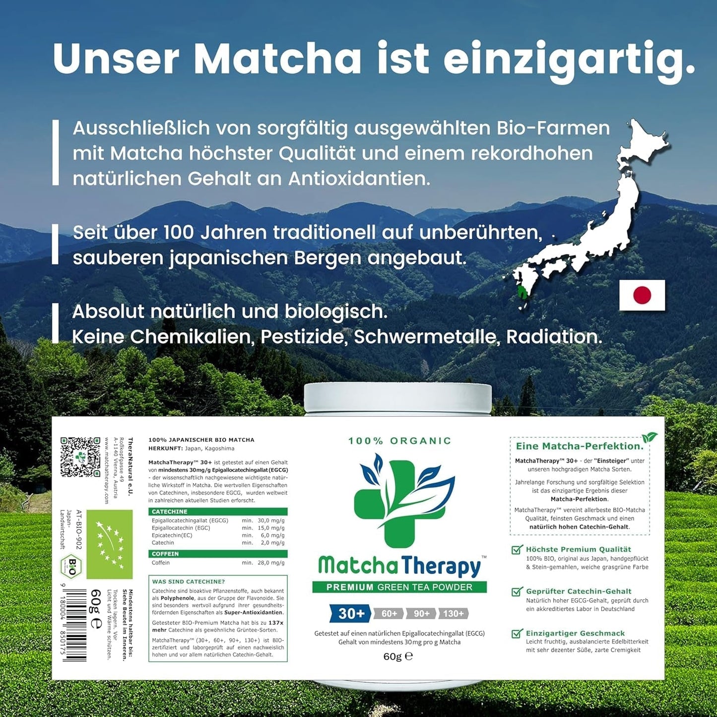 Terapia Matcha 30+ | Organiczna herbata Matcha w proszku | 60 g | O potwierdzonej zawartości co najmniej 30 mg/g katechiny EGCG | Wspomaga układ odpornościowy i poziom energii | Ceremonialna jakość | Zielona herbata z Japonii