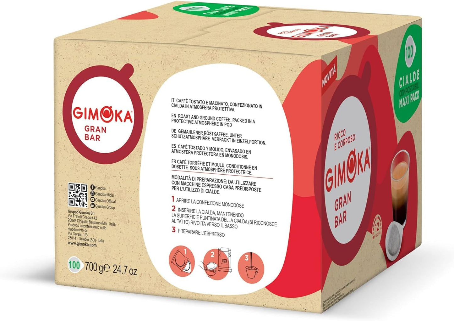 Gimoka Kompostierbare Kaffeepads, Gran Bar Intenso Kaffeemischung, Intensität 12-100 Pads - Kompatybilne z papierowymi podkładkami ESE System 44 mm