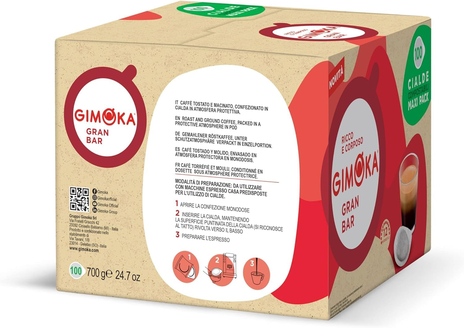 Gimoka Kompostierbare Kaffeepads, Gran Bar Intenso Kaffeemischung, Intensität 12-100 Pads - Kompatybilne z papierowymi podkładkami ESE System 44 mm