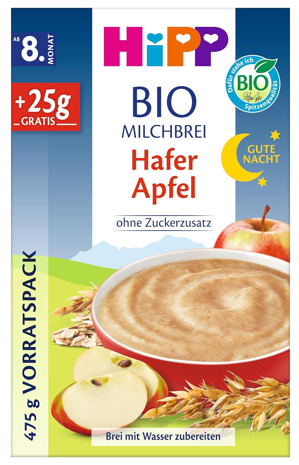 HiPP Good Night Owsianka z jabłkami i organicznym mlekiem owsianym (4 x 475g), od 8 miesiąca życia, bez dodatku cukru, z organicznymi pełnymi ziarnami i organicznymi owocami, najwyższej jakości organicznej
