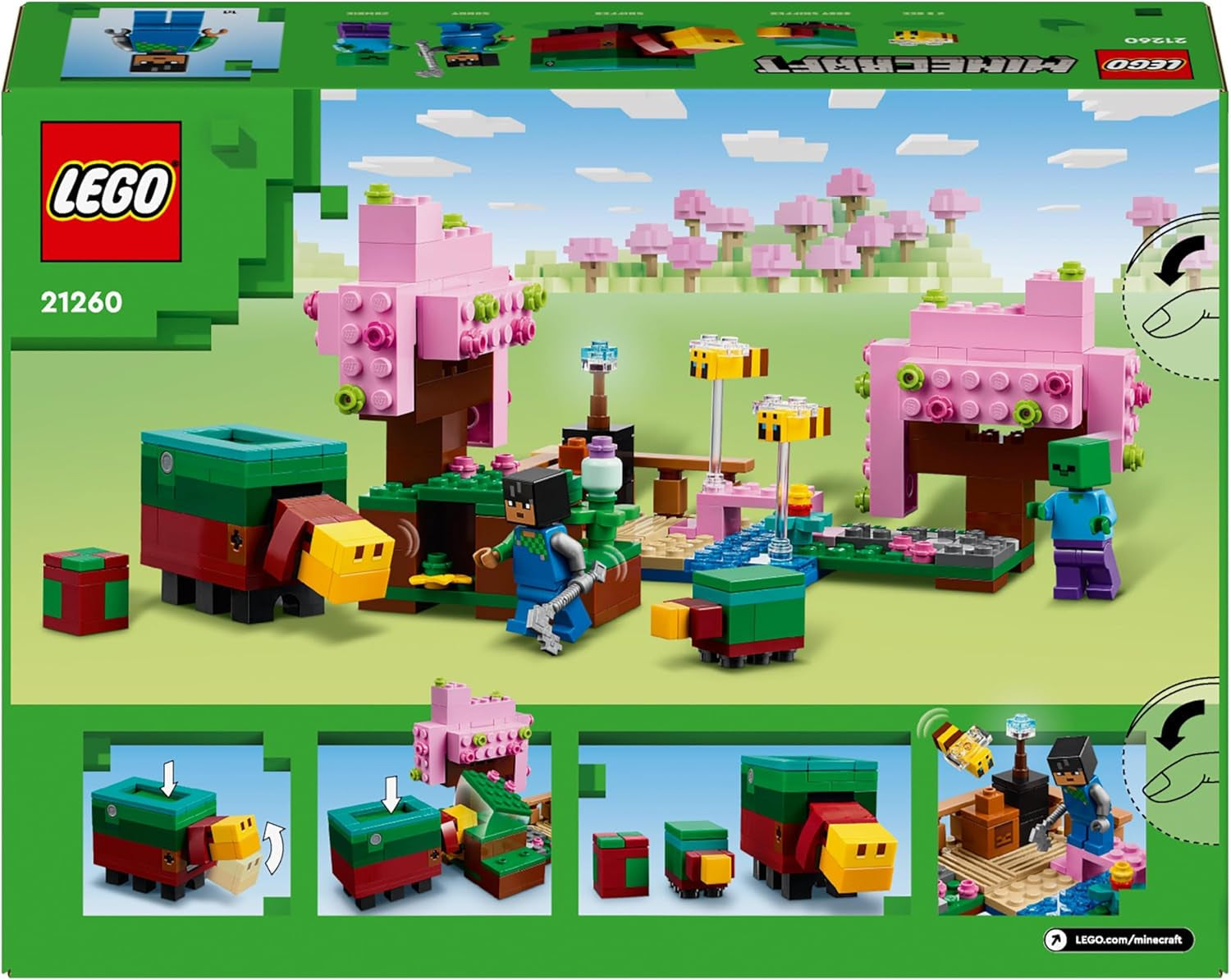 LEGO Minecraft Sad z kwiatami wiśni Zabawkowy ogród do zwiedzania ze Słoneczkiem, Wąchaczem, Zombie i Pszczołami Prezent dla graczy dla chłopców i dziewcząt w wieku 8 lat 21260 Zestawy do budowania Szukaj sklepu LEGO