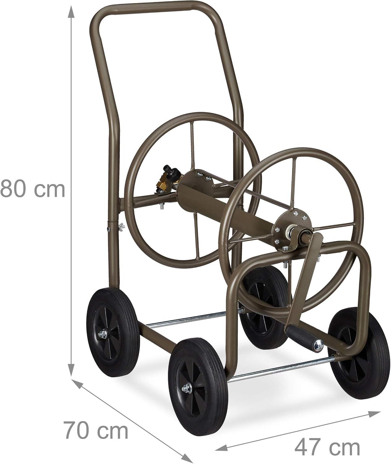 Wózek na wąż Relaxdays XL, mobilny bęben na wąż, metalowy, na wąż 60 m, 4 koła, z korbą, rolka 90°, brązowy