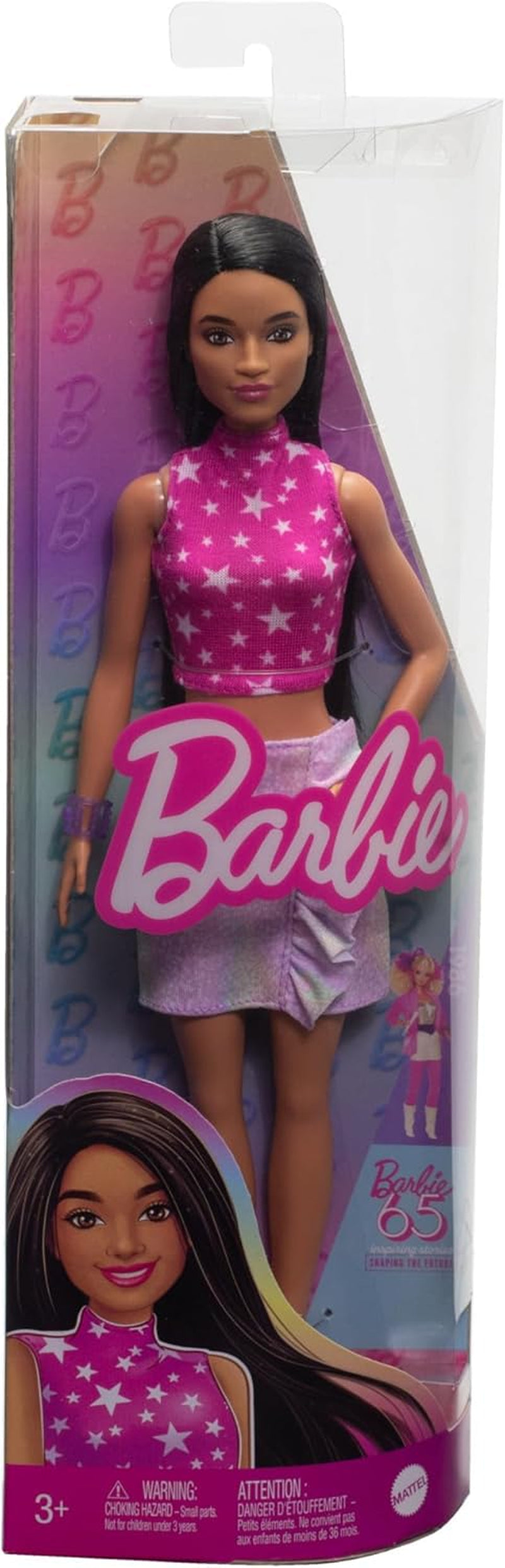 Lalka Barbie Fashionistas nr. 215 z prostymi czarnymi włosami, różowym topem w gwiazdki i opalizującą spódnicą 65. urodziny kolekcjonerska modna lalka HRH13 Naty Shop Dolls