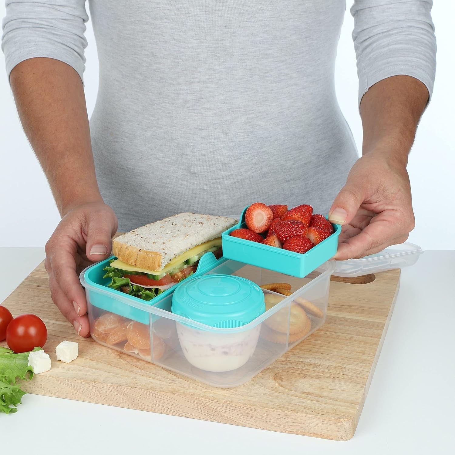 System pojemników na lunch Bento Box TO GO z przegródkami | Pudełko na lunch o pojemności 1,25 l z pojemnikiem na jogurt/owoce | dla dzieci i dorosłych l | Bez BPA Minty Teal [21685-8T], miętowo-zielone Pudełka do przechowywania żywności Naty Shop