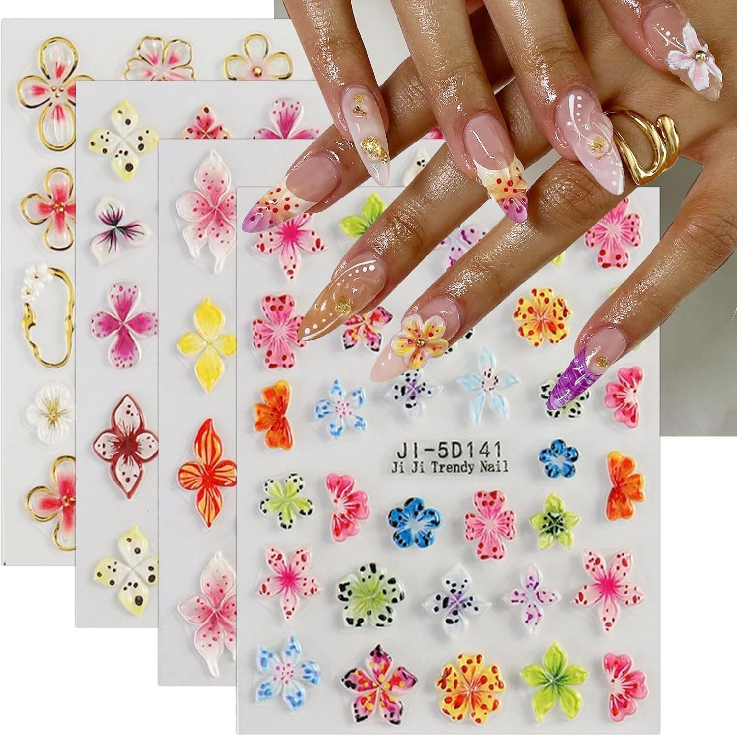 JMEOWIO 3D Nagelsticker Kolorowy kwiat Nail Art Naklejka Selbstklebend Nagelaufkleber 5D Stereoskopisch Wiosna Lato Kwiatowa dekoracja Nageldesign Zubehör 4 Blatt