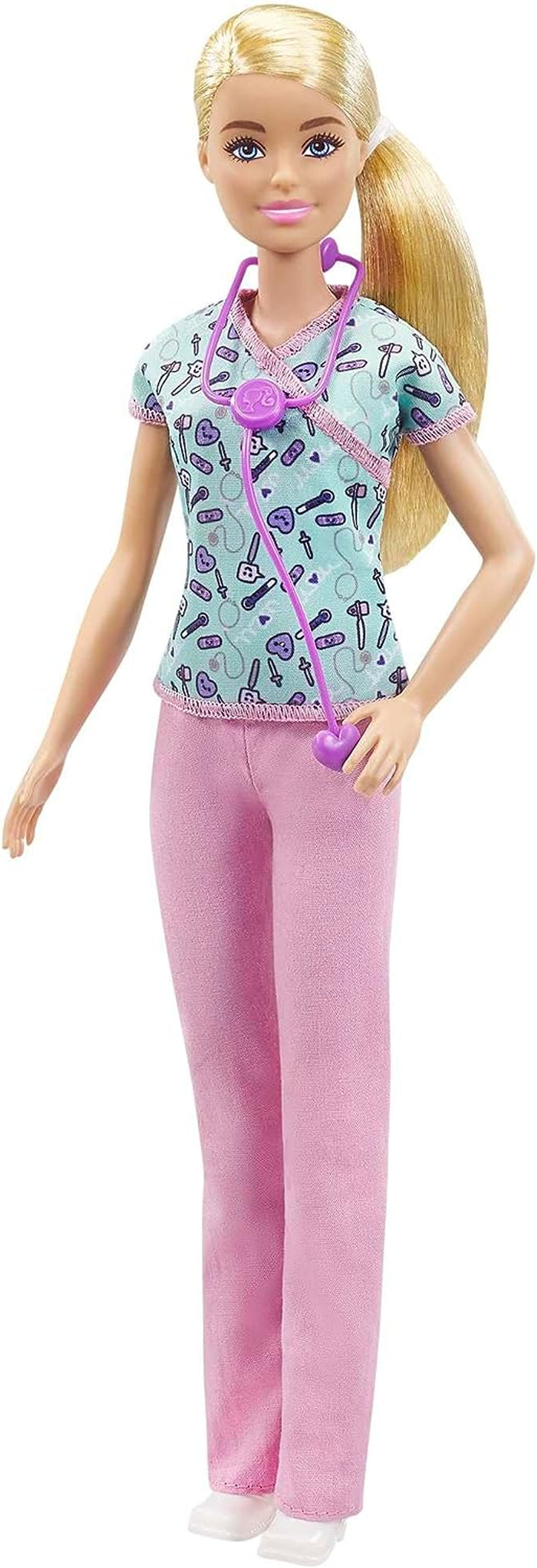 Lalka Barbie GTW39 - Pielęgniarka (ok. 30 cm) z nadrukiem na górze i różowymi spodniami, białymi butami i stetoskopem, świetny prezent dla dzieci w wieku 3 lat i starszych