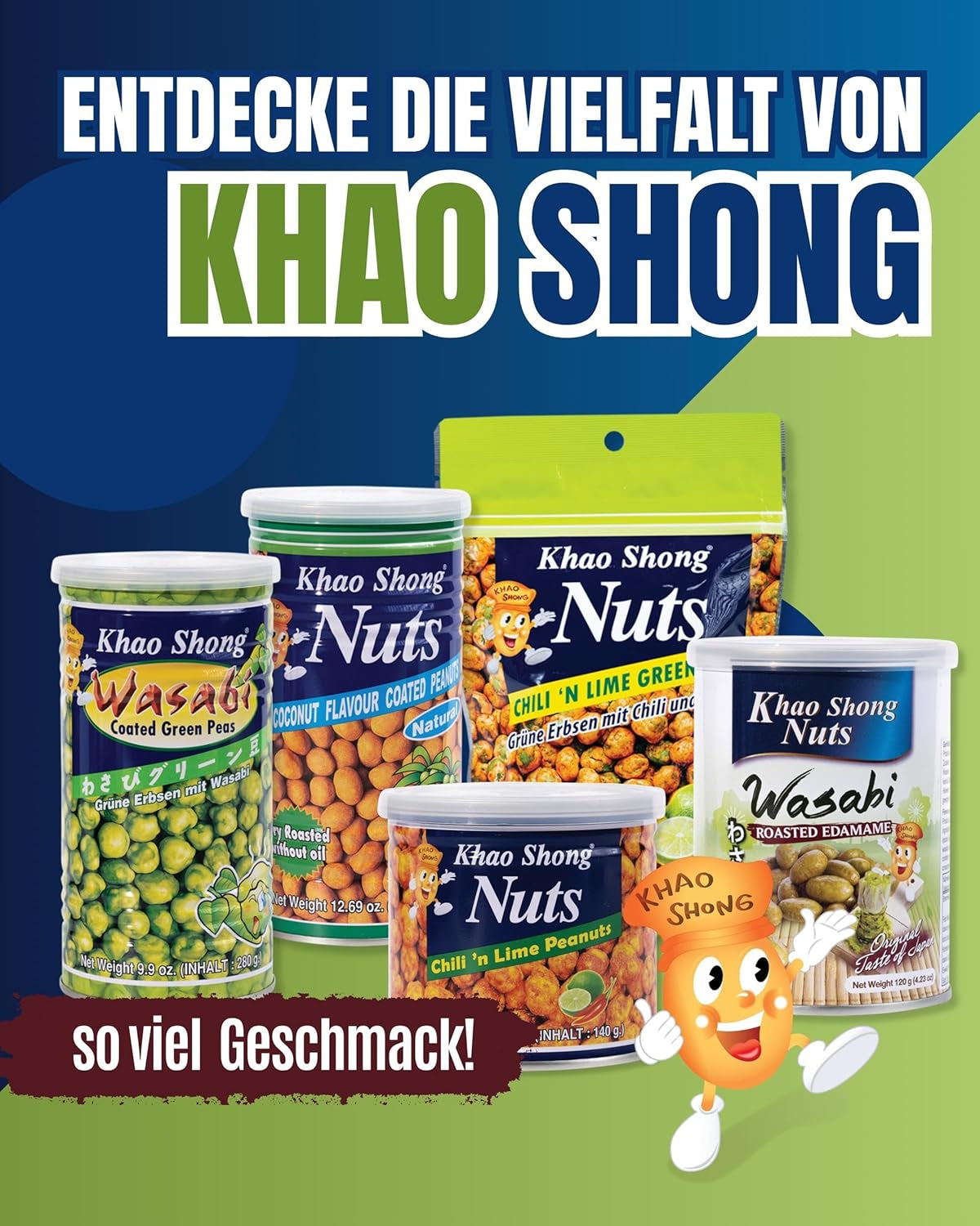 Khao Shong Smażony zielony groszek z wasabi, chrupiący groszek w pikantnej panierce, niskotłuszczowa alternatywa dla orzechów, średnio ostry, puszka 1 140 g | 140 g (1 opakowanie)