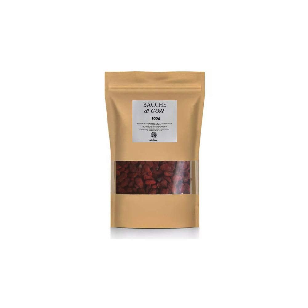 ERBOTECH Jagody Goji 200 g, jagody goji z wysoką zawartością witamin, suszone owoce bez cukru i siarki, naturalne i bogate w energię superfoods, Made in Italy Produkty suszone Naty Shop 100 G