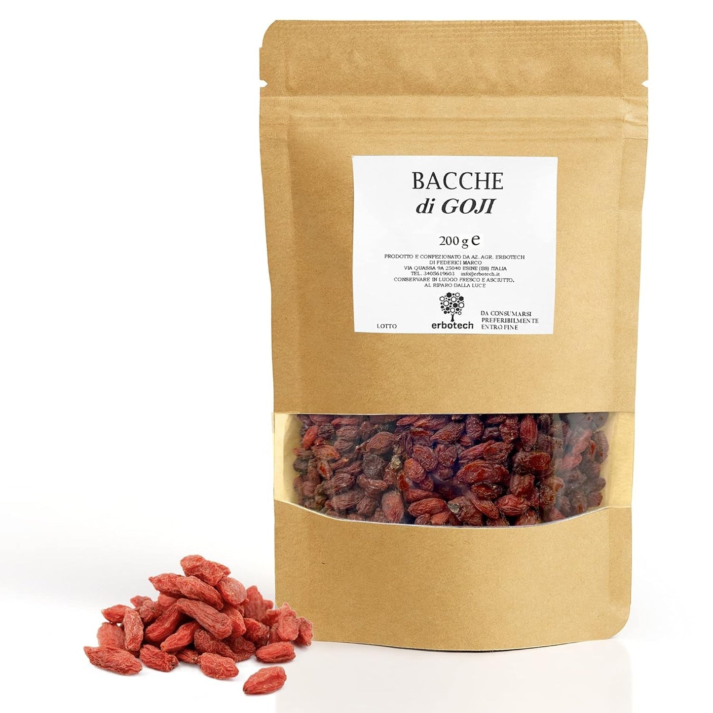 ERBOTECH Jagody Goji 200 g, jagody goji z wysoką zawartością witamin, suszone owoce bez cukru i siarki, naturalne i bogate w energię superfoods, Made in Italy Produkty suszone Naty Shop 200 G