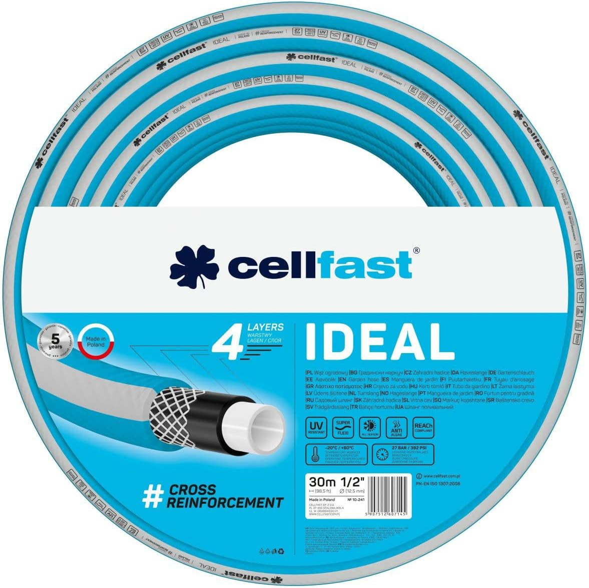 Wąż ogrodowy Cellfast IDEAL, trwały, elastyczny, 4 warstwy, trwały oplot krzyżowy, odporny na promieniowanie UV i glony, technologia REACH, 27 bar, -20/+60° krótkoterminowo 1/2", 30 m