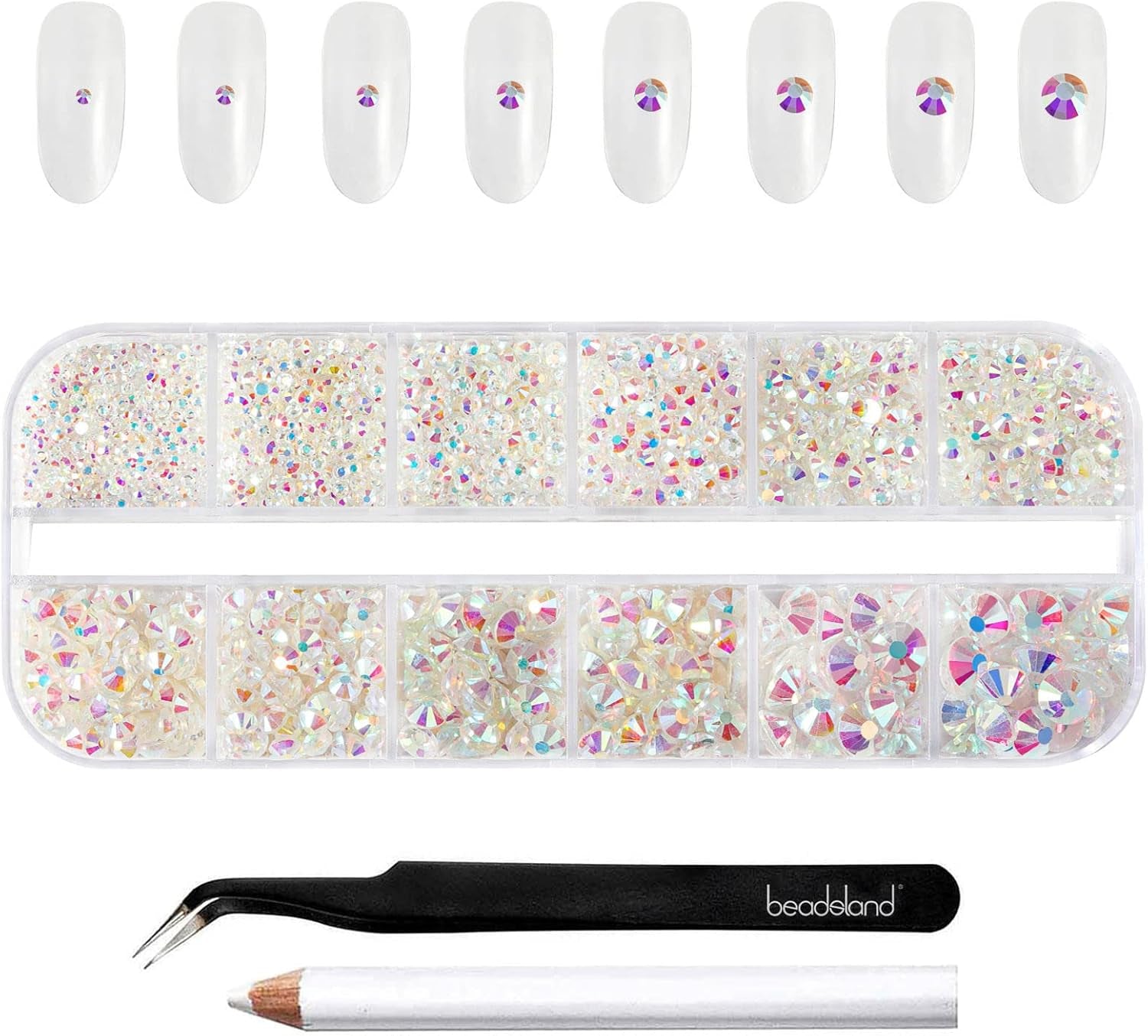 Beadsland 2500 szt. Glas Nailart Strasssteine ​​​​Kristall Flatback Edelsteine ​​​​Runde, ​​Für Handwerk Gemischt 8 Größen SS4 ~ SS30 Mit Picking Pinzette Und Stift (Kristall Weiss)