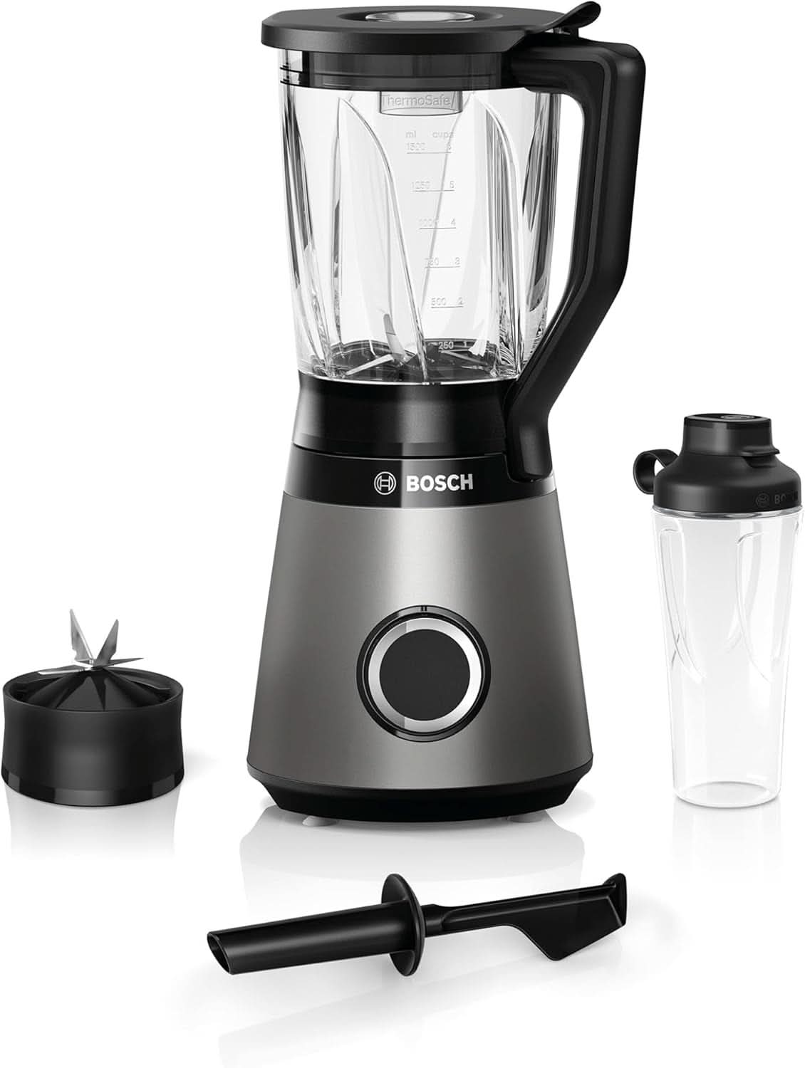 Mikser stojący Bosch Vitapower Serie 4 MMB6174SN, wersja Verbesserte, Hochwertige Edelstahl-Klingen, 1,5 l Glasbehälter, 0,6 l To-Go-Flasche, Spülmaschinenfeste Teile, 30 000 U/min, 1200 W, Silver Kitchen Naty Shop Pojedynczy mikser stojący 2 w 1