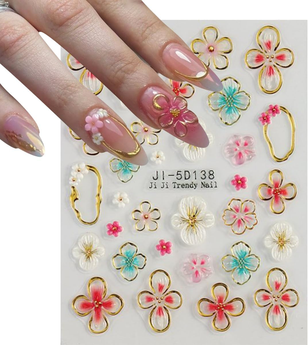JMEOWIO 3D Nagelsticker Kolorowy kwiat Nail Art Naklejka Selbstklebend Nagelaufkleber 5D Stereoskopisch Wiosna Lato Kwiatowa dekoracja Nageldesign Zubehör 4 Blatt