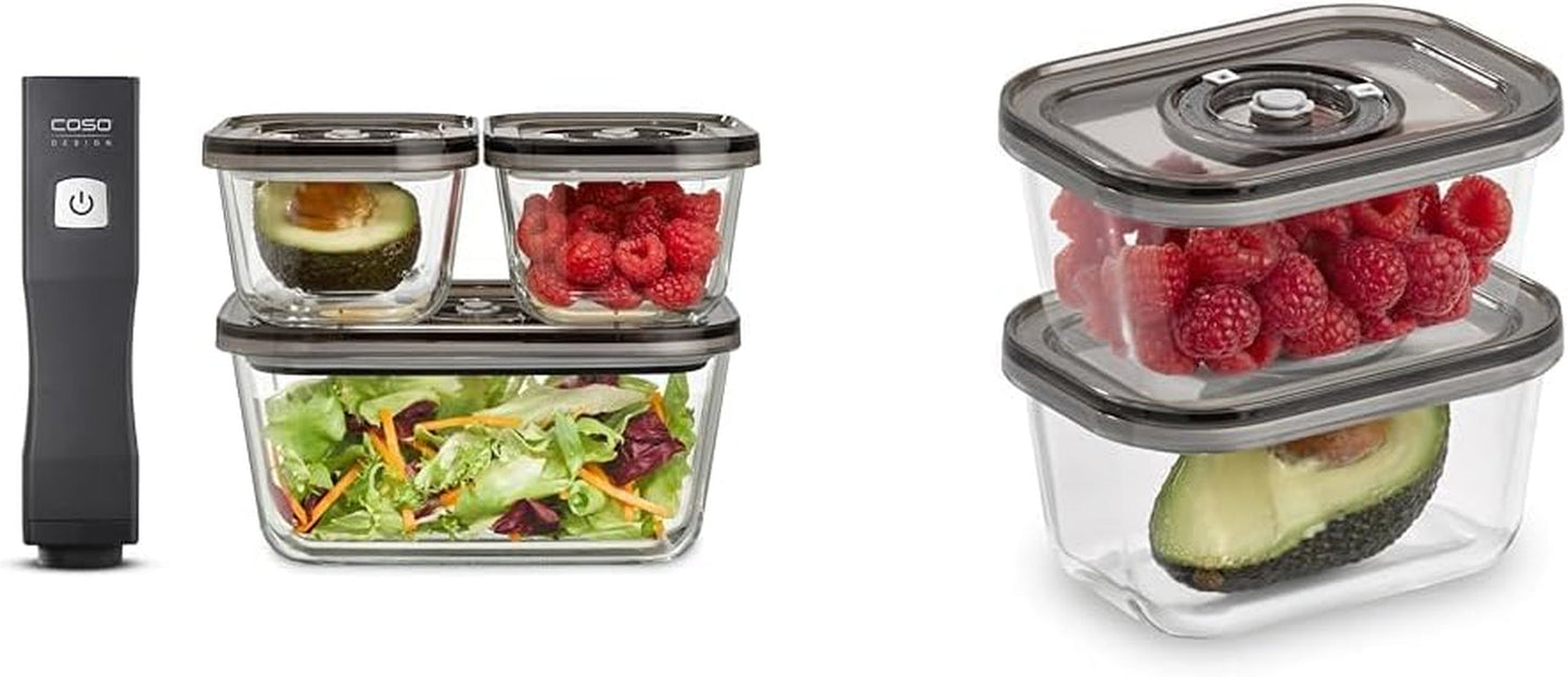 Zestaw Caso Vacu OneTouch Eco, ręczna zgrzewarka próżniowa, w skład której wchodzą 3 szklane pojemniki próżniowe oraz VacuBoxx Eco-Duo S - próżniowy pojemnik świeżości / 2 pojemniki po 500 ml Pudełka do przechowywania żywności Naty Shop Tytuł domyślny