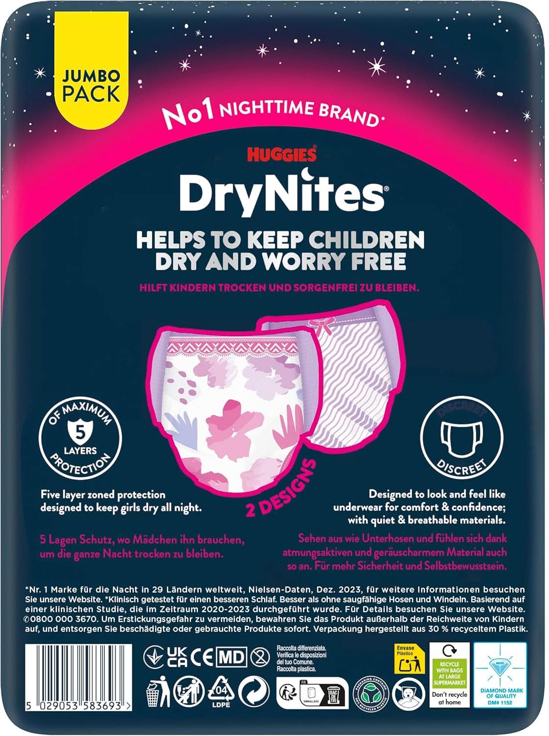Huggies Drynites Nachtwindeln Bei Bettnässen, Für Mädchen Ab 13 Bis Ca. 17 Jahre (48-60 KG), 33 Stück (3X11), Jumbo-Monatspack, Pieluszki-Majtki XL Akcesoria Żywność i karmienie piersią Baby Naty Shop