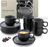 SANGER Sydney | Zestaw 12 filiżanek ceramicznych do espresso, Zestaw filiżanek do mokki na 6 sztuk, Filiżanki i spodki, Można myć w zmywarce i używać w kuchence mikrofalowej, Ciemnoszary, 80 ml | KOLEKCJA WARTOŚCIOWA