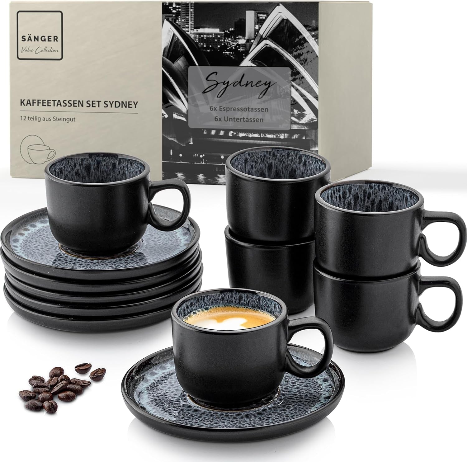 SANGER Sydney | Zestaw 12 filiżanek ceramicznych do espresso, Zestaw filiżanek do mokki na 6 sztuk, Filiżanki i spodki, Można myć w zmywarce i używać w kuchence mikrofalowej, Ciemnoszary, 80 ml | KOLEKCJA WARTOŚCIOWA