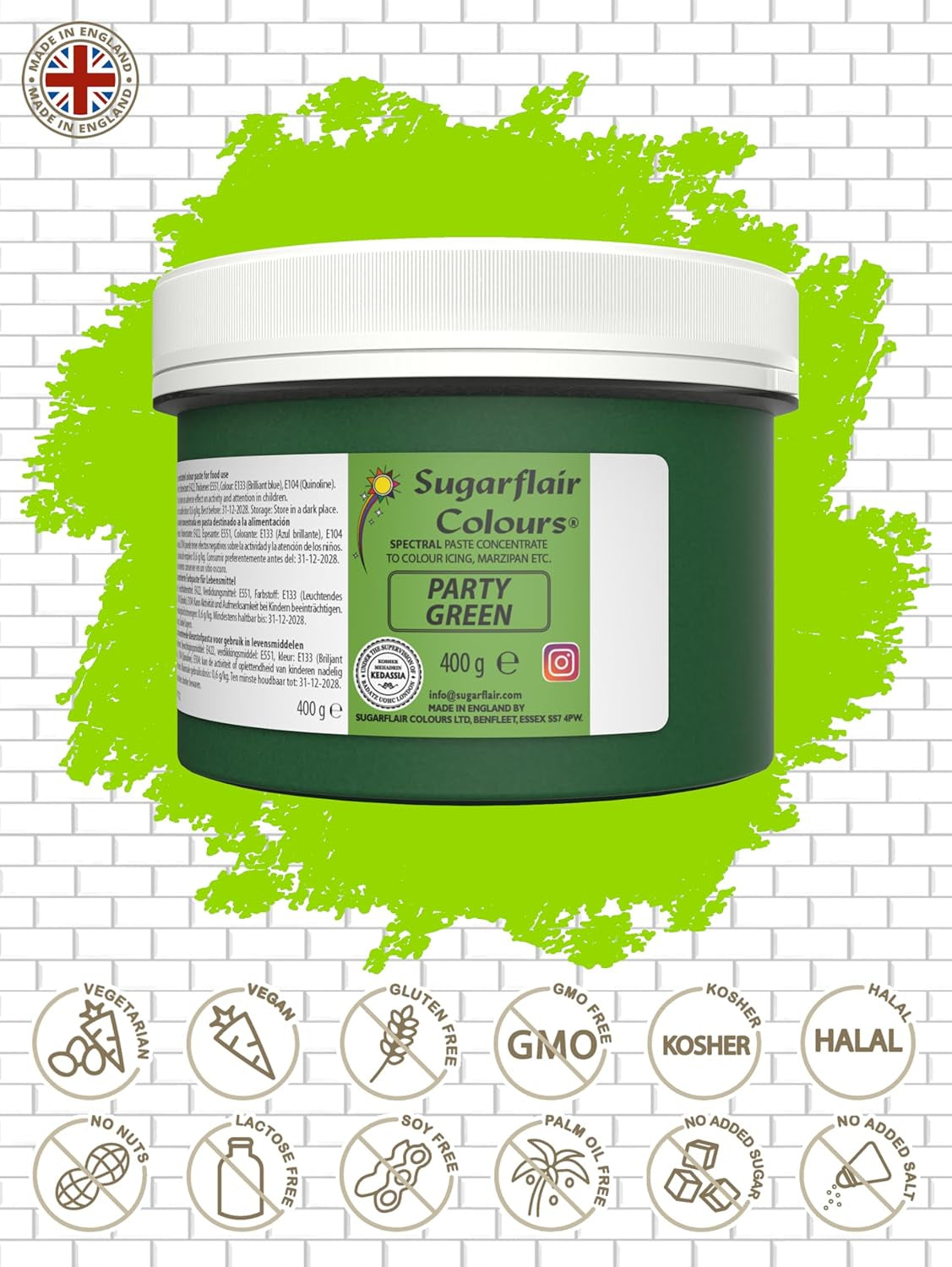 Sugarflair Partygreen Pasta Barwnik spożywczy, Barwnik spożywczy z kremem i marcepanem, Makaron skoncentrowany Spectral - 400g